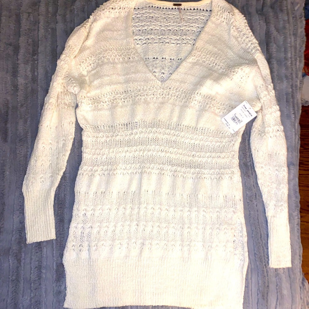 Free People Cream Knit V-Neck Sweater Dress